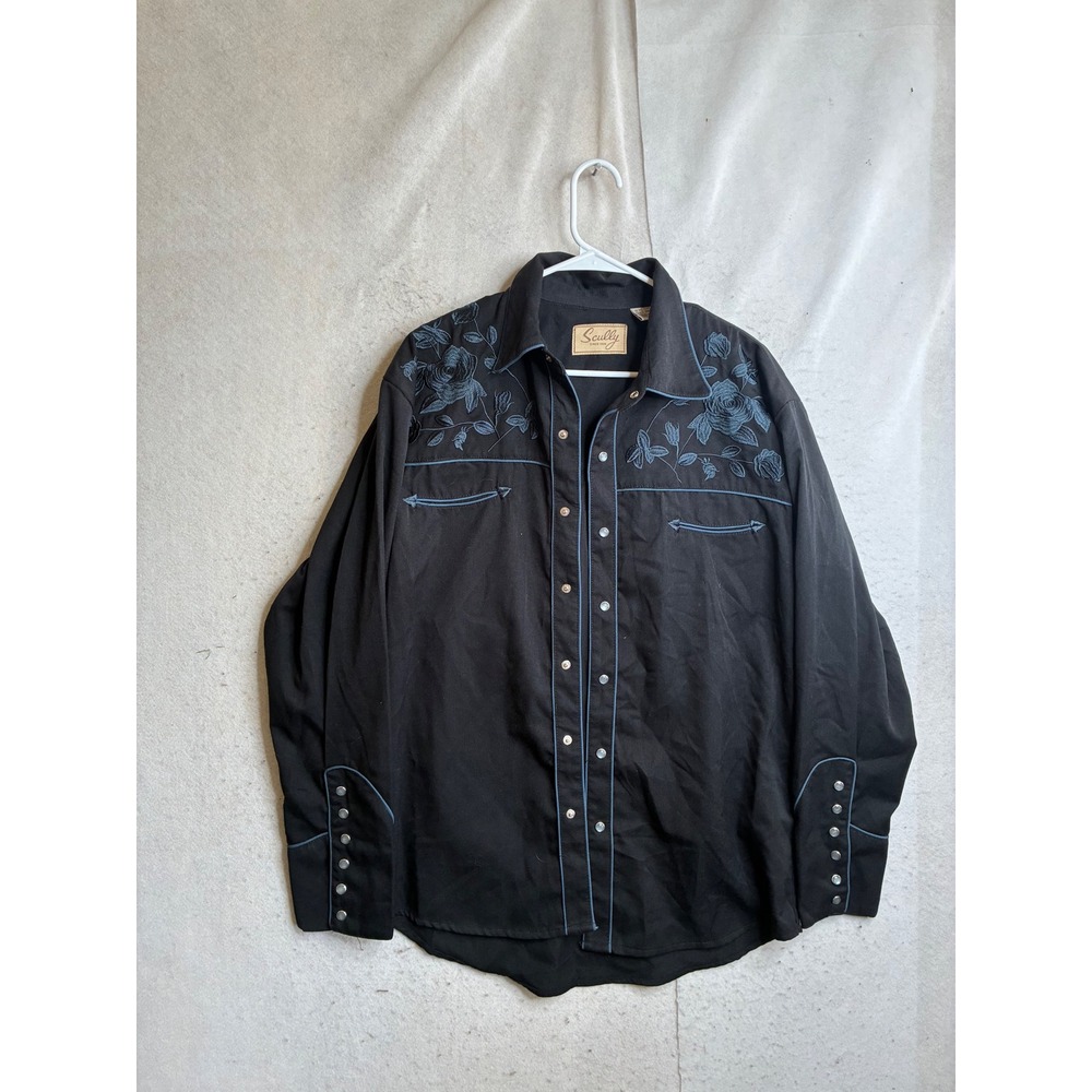 Scully Mens Black Floral Embroidered Western Snap Shirt P-893 Medium